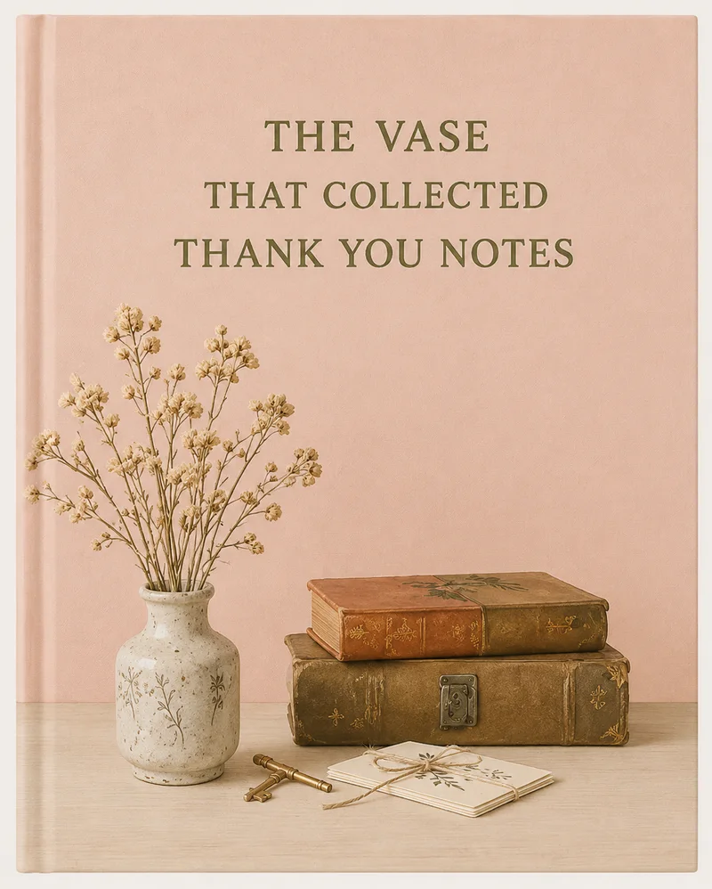 A surreal cozy cover showing a ceramic vase quietly gathering handwritten thank you notes.