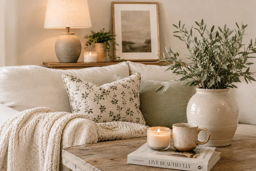 A cozy living room corner with a lamp, a knit throw, a lit candle, and olive branches in a stoneware vase.