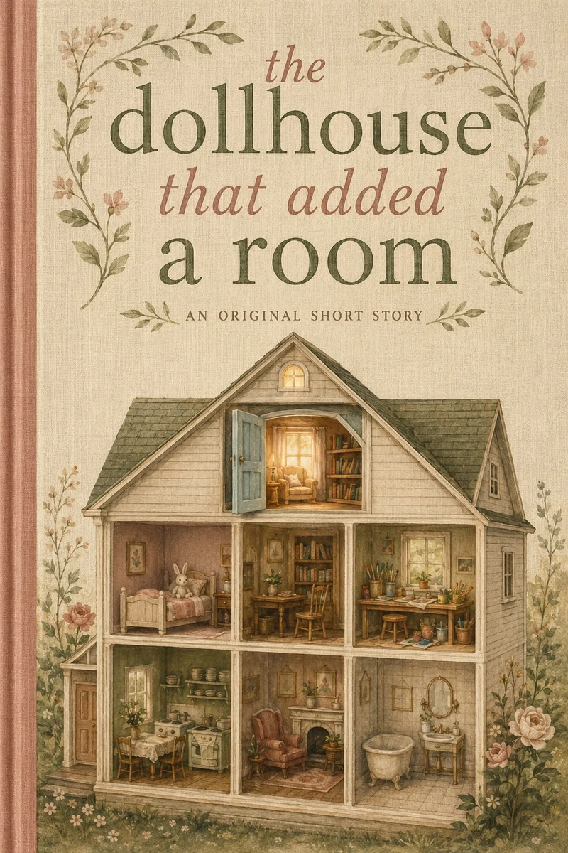 A surreal cozy cover showing a wooden dollhouse with a seventh window lit from inside.