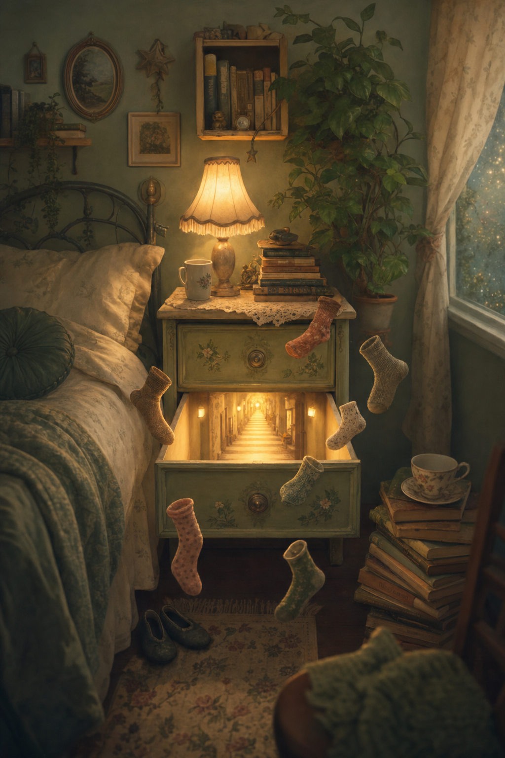 A surreal cozy cover showing a junk drawer leading somewhere.