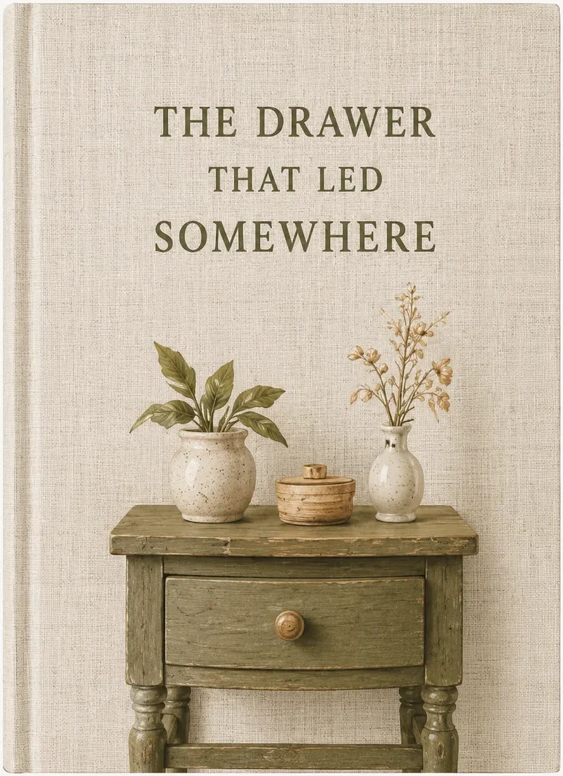 A surreal cozy cover showing a junk drawer leading somewhere.