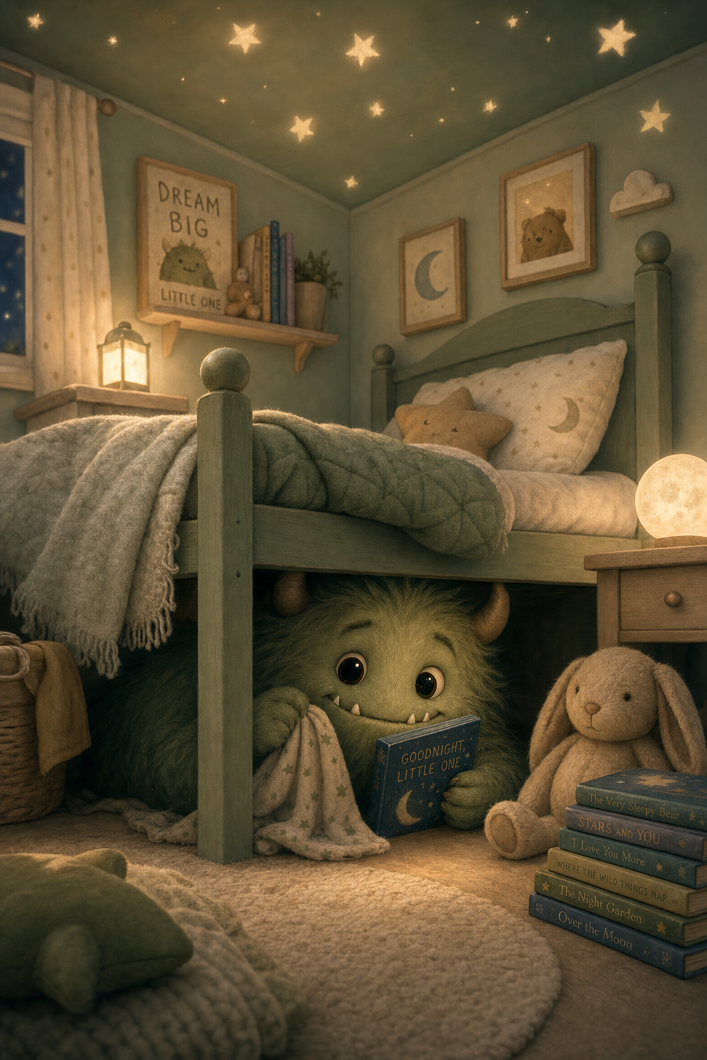 A surreal cozy cover showing a closet monster wrapped in a blanket.
