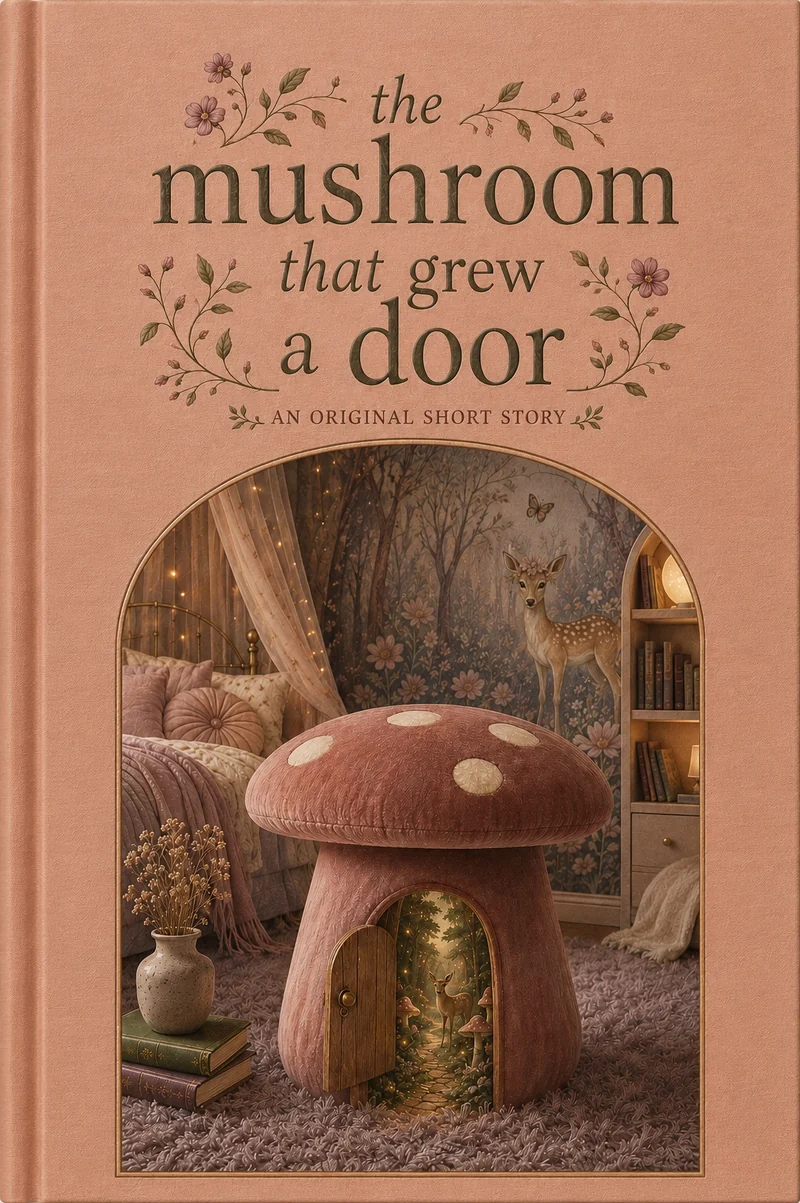 A surreal cozy cover showing a velvet mushroom stool with a tiny lit door in its stem.