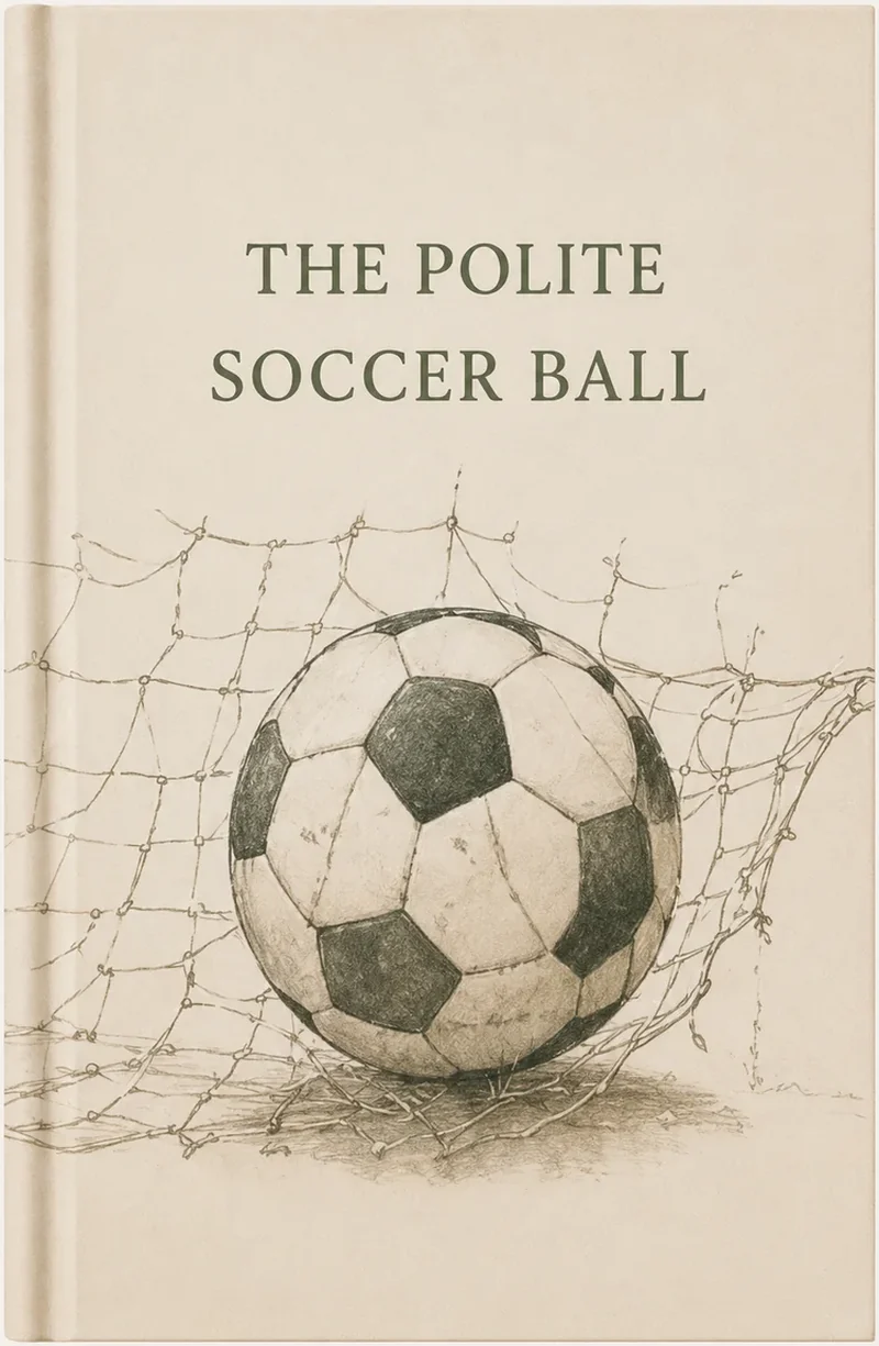 A surreal cozy cover showing a soccer ball apologizing to a goal.