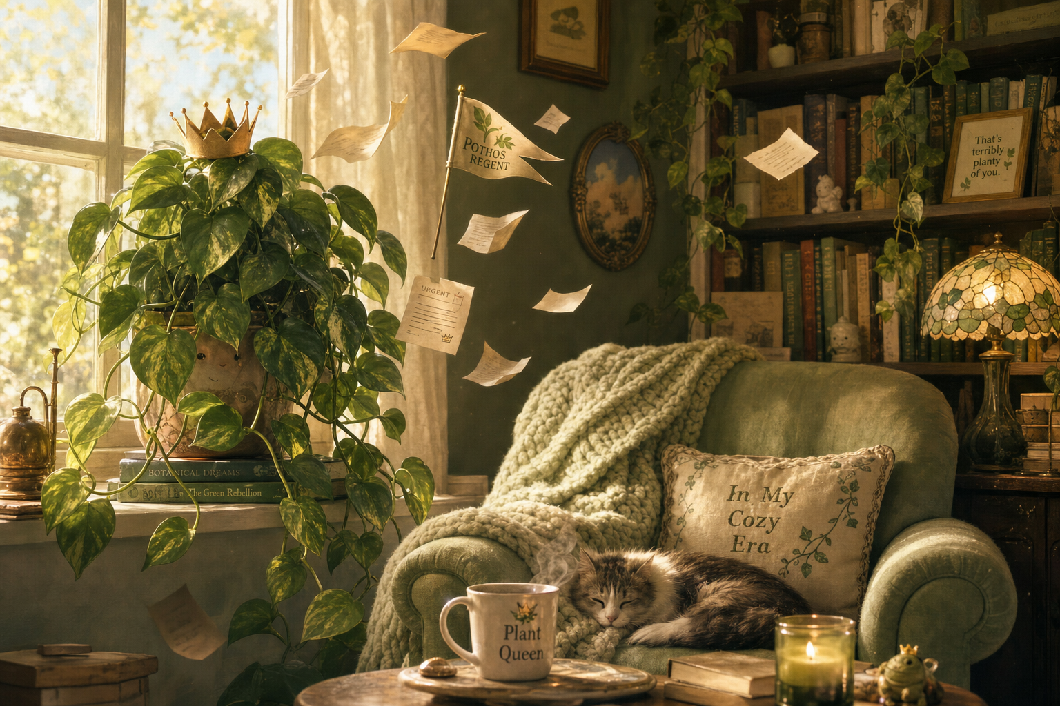 A surreal cozy cover showing a pothos plant repotting itself.