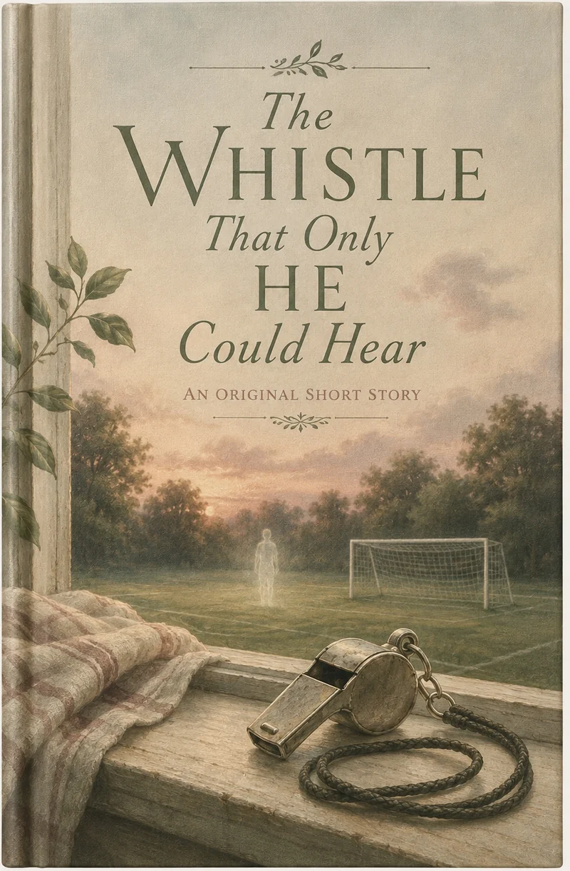 A surreal cozy cover showing an old coach's whistle on a windowsill above an empty field at dusk.