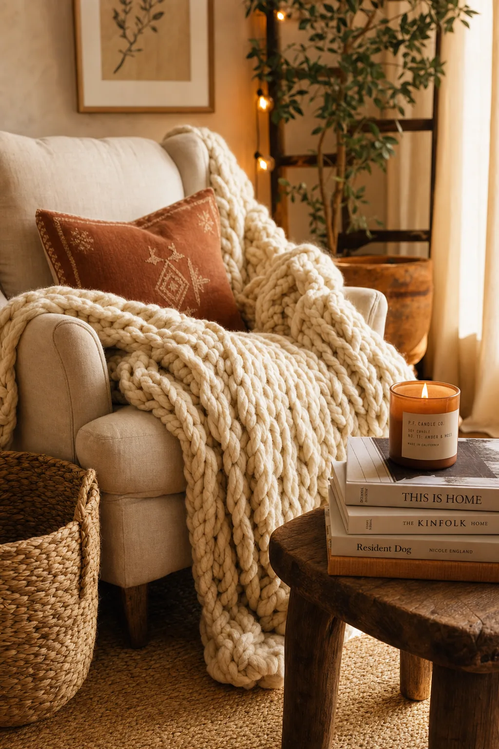 Cozy living room corner with a knit throw, candle, and warm string lights.