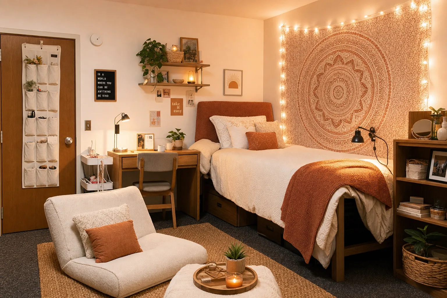 Cozy dorm room with neutral bedding, over-the-door organizer, tapestry, and string lights.