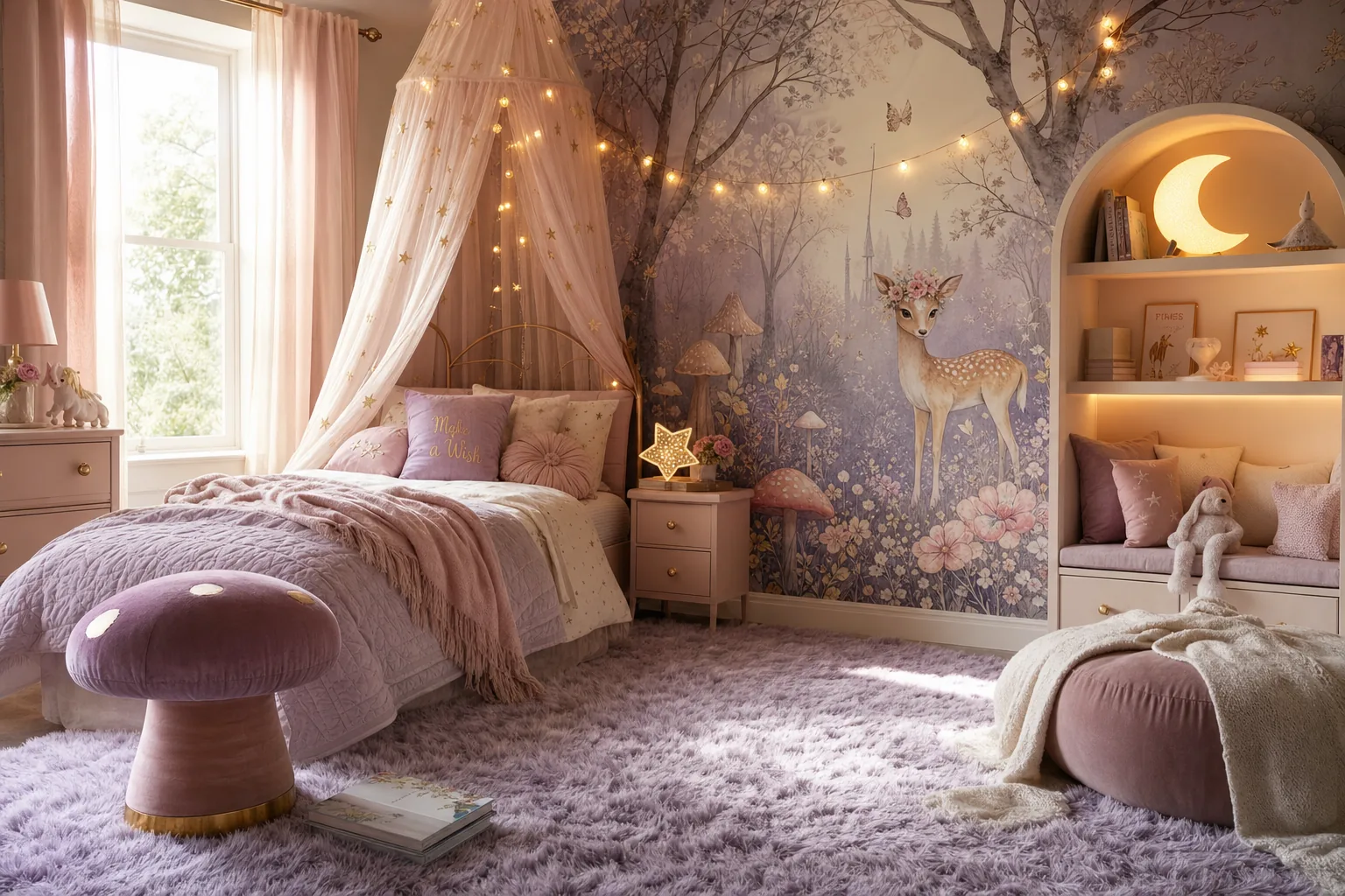 Whimsical fantasy girls bedroom with star canopy, forest wall mural, fairy lights, and mushroom stool.