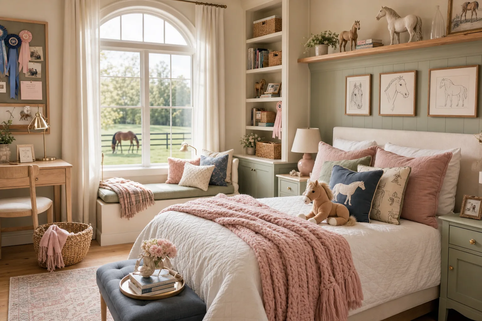 Bright airy horse-lover's bedroom with a white quilted bed, equestrian throw pillows, framed horse art, a Breyer horse figurine, and a view of a horse in the pasture.