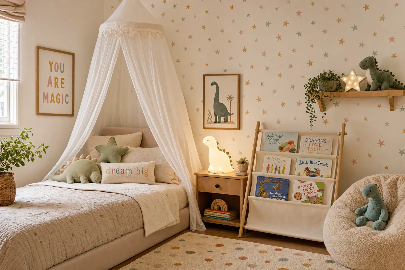 Kids bedroom with a canopy, layered bedding, and low open storage.