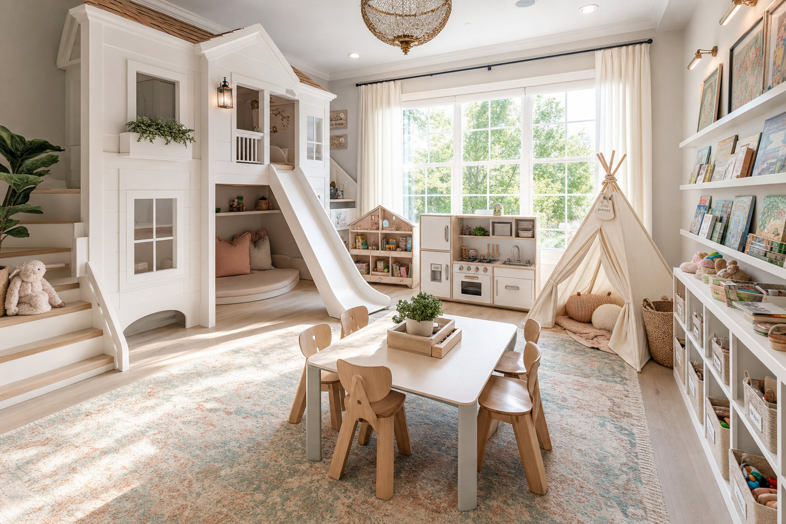 Bright luxury kids playroom with built-in playhouse, indoor slide, teepee, and toy storage.