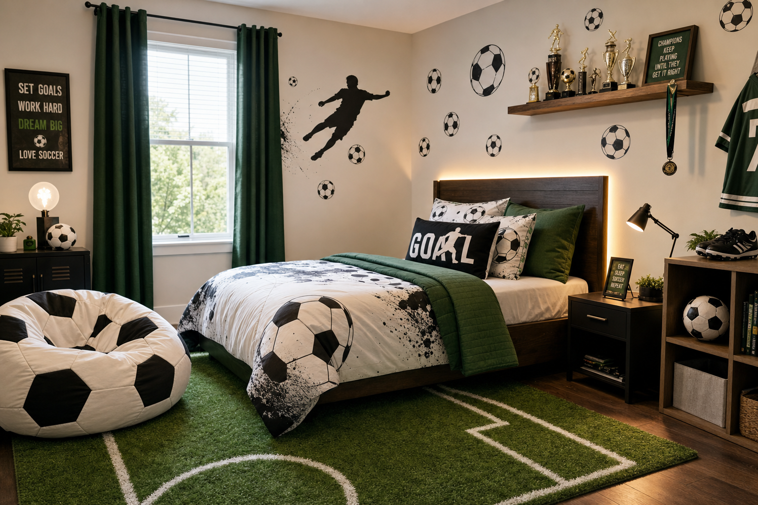 Boy's soccer bedroom with turf-look rug, soccer ball bean bag, and trophy shelf.