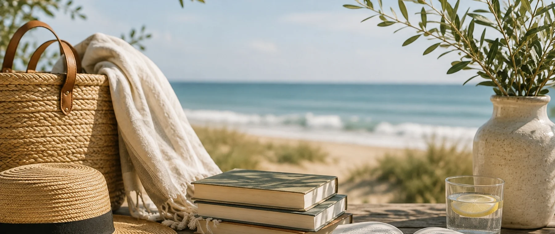 A straw tote, sun hat and a stack of books on a weathered table looking out to the sea.