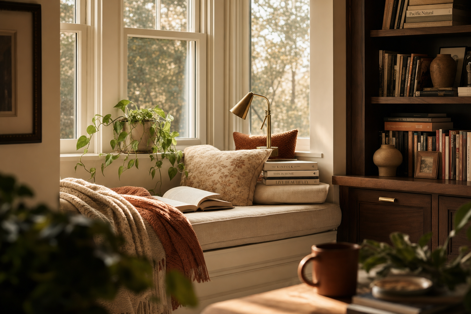 Cozy reading nook with a bay window bench, knit throw blankets, stack of books, and brass lamp in warm afternoon light.