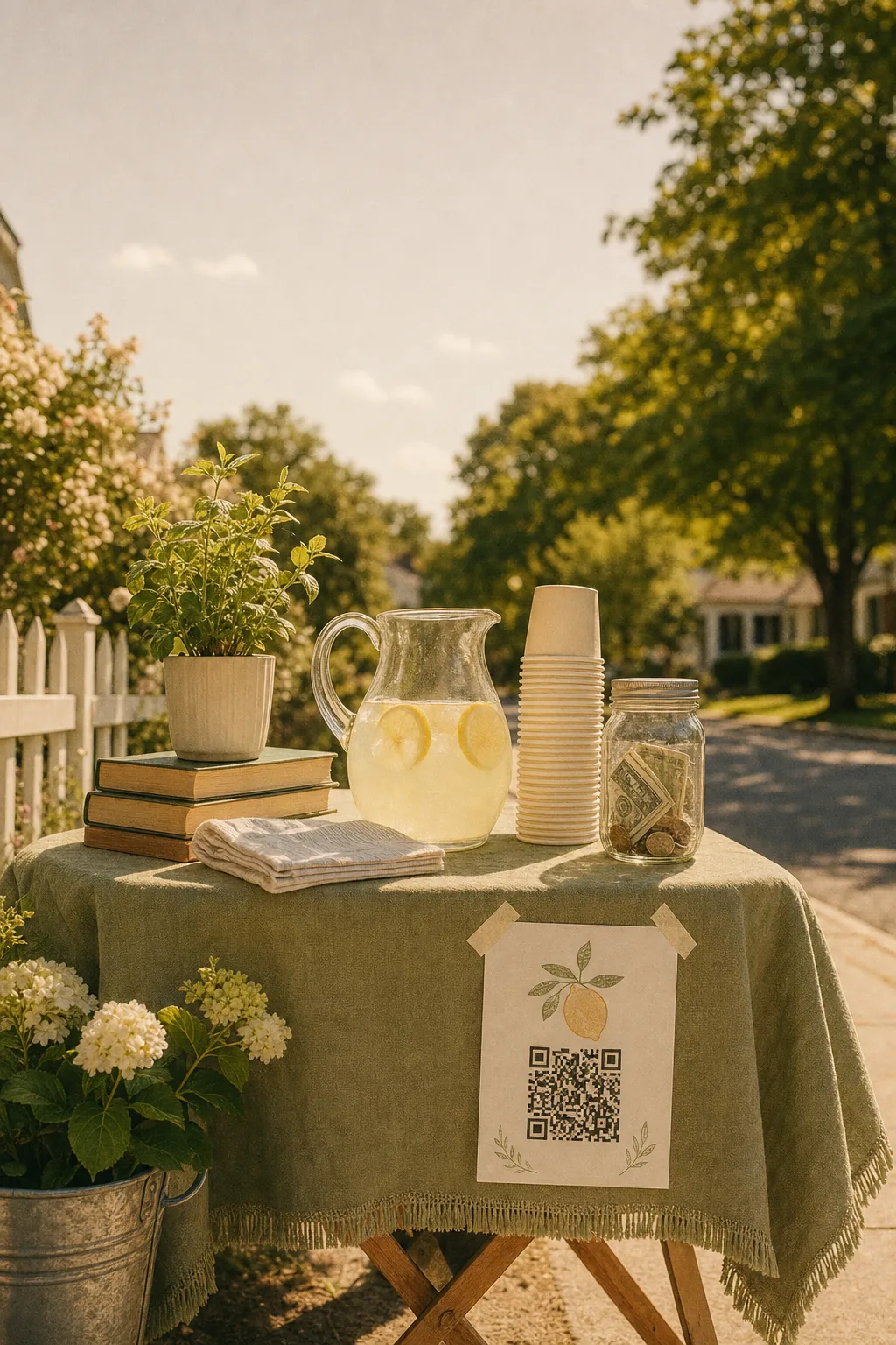 A neighborhood lemonade stand set up on a summer sidewalk.