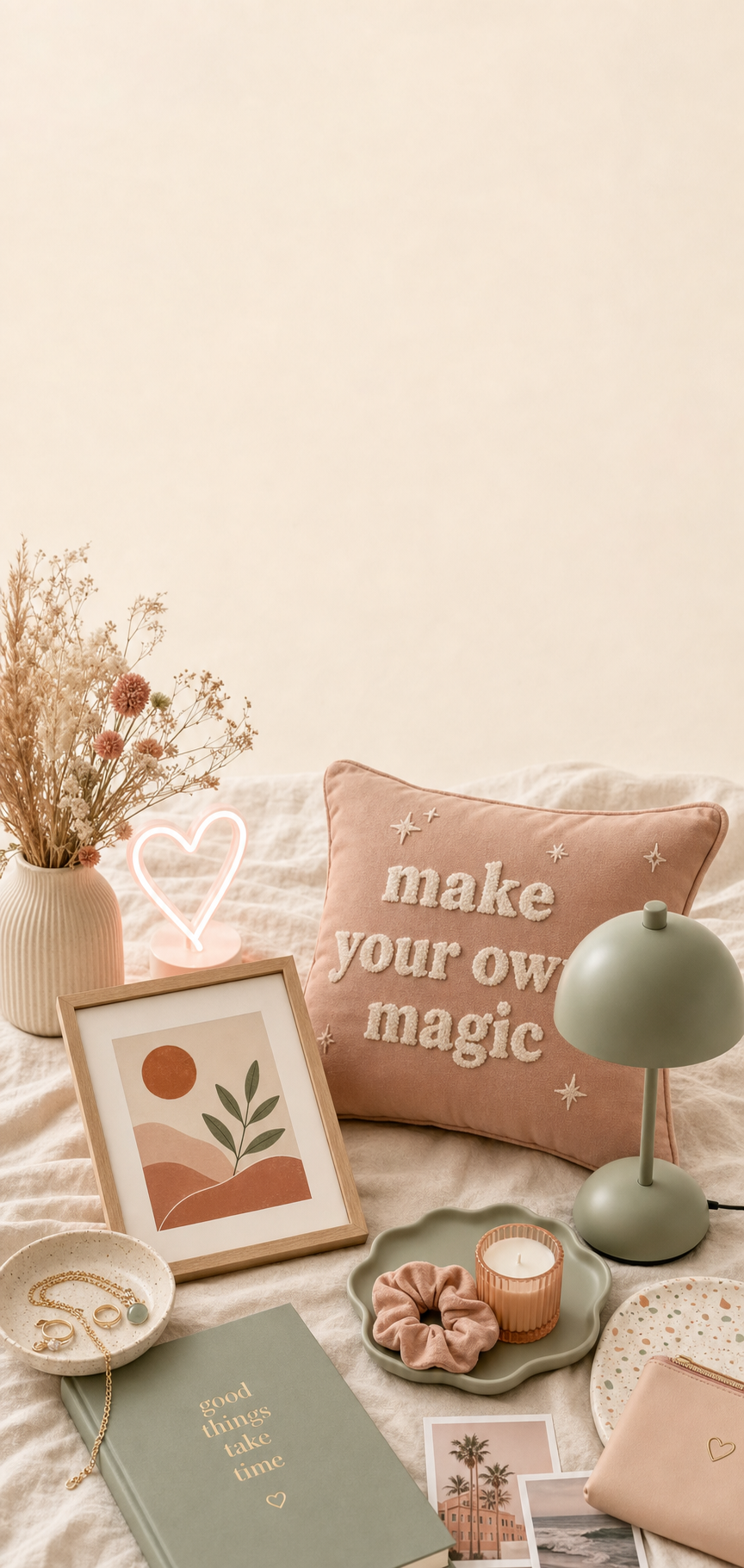 Flat lay of gift-worthy room decor for a teen girl.