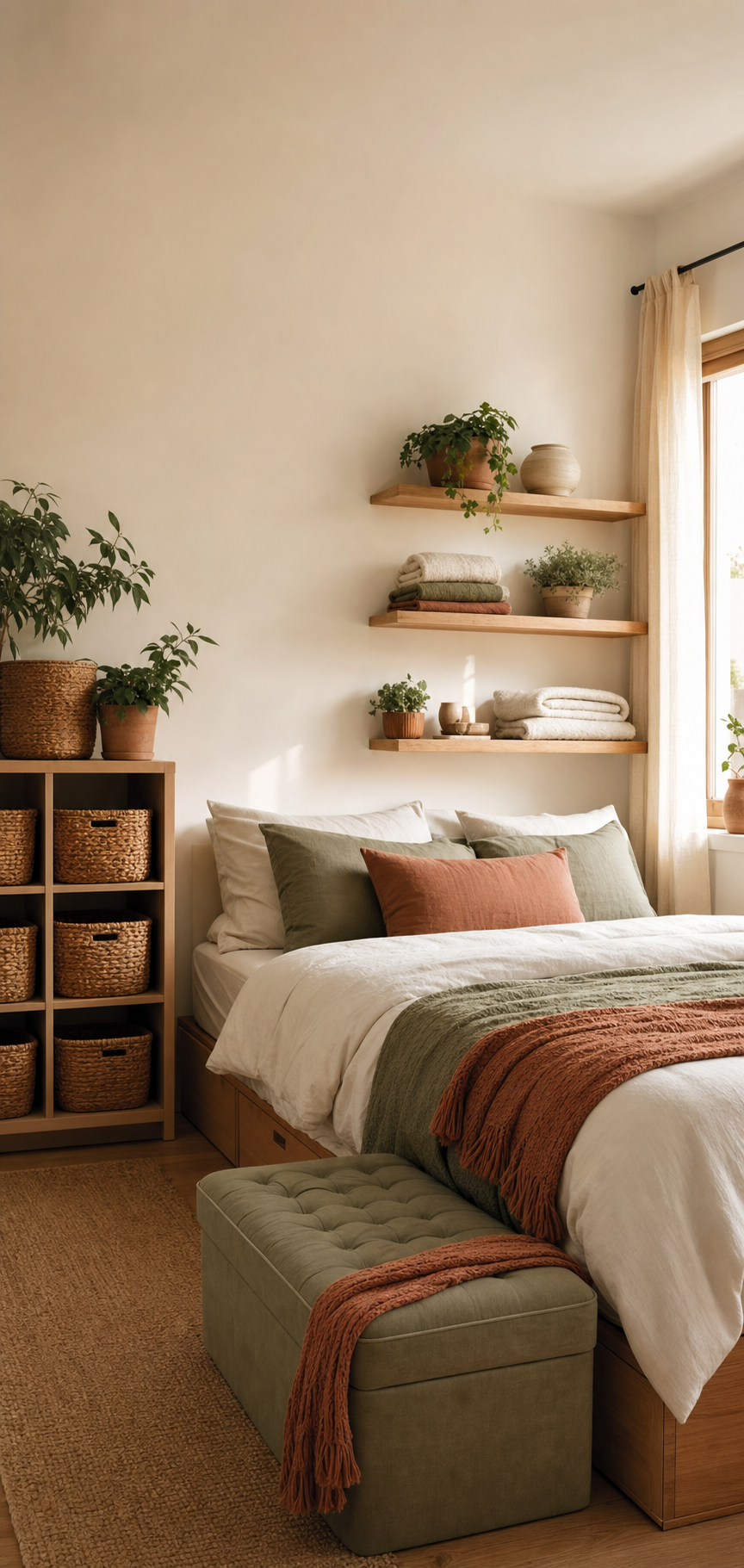 Small bedroom with cute intentional storage and woven baskets.