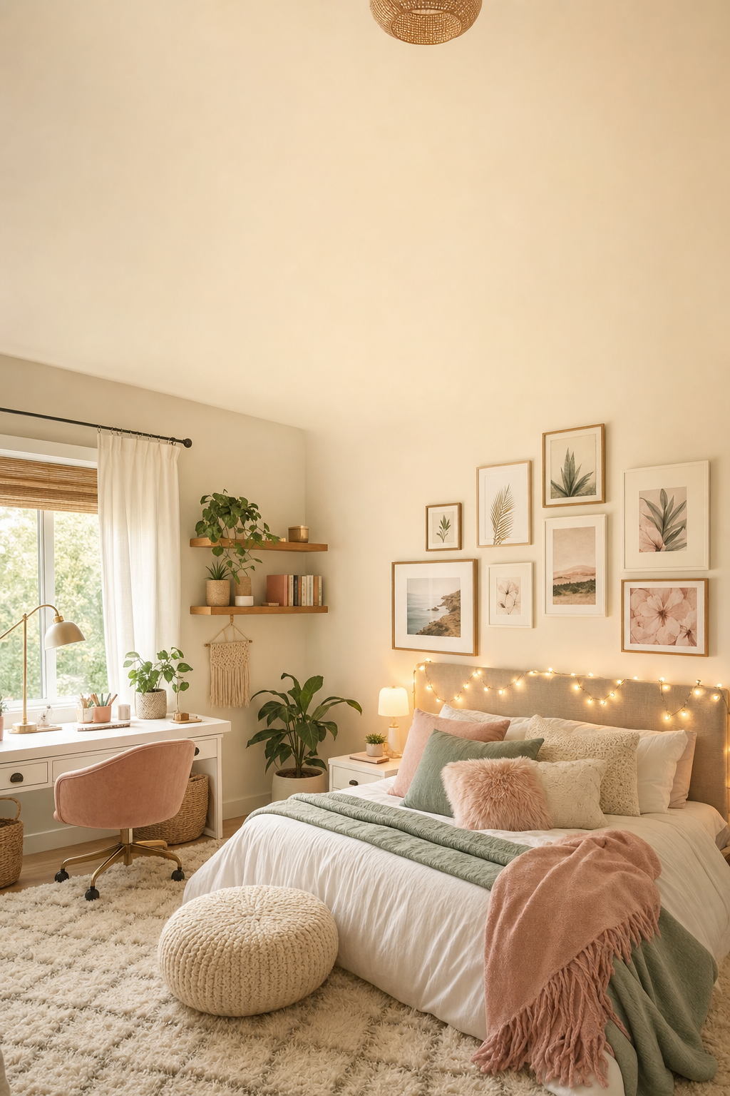 Stylish tween bedroom with cozy bedding, gallery wall, and fairy lights.