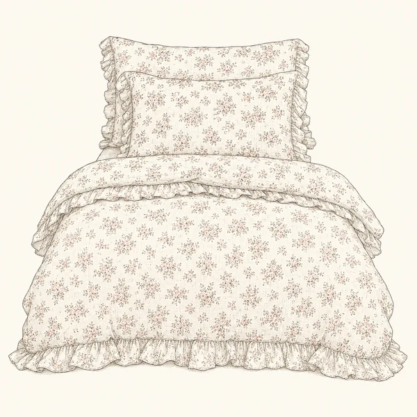 Illustrated sketch of a pink floral duvet cover.