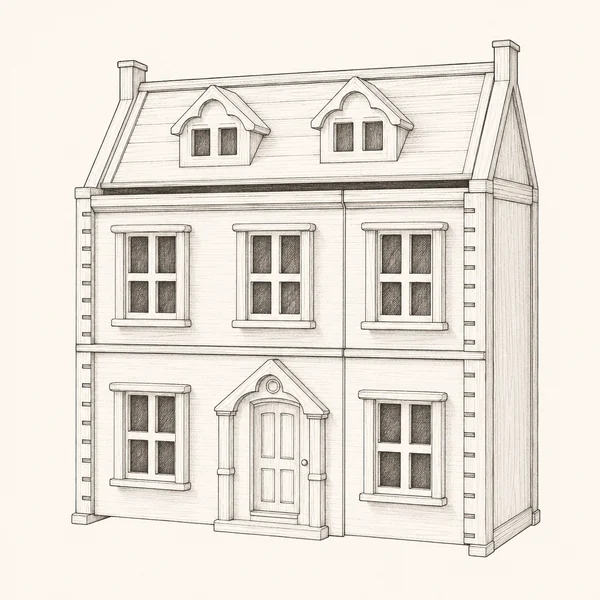 Illustrated sketch of a wooden dollhouse.