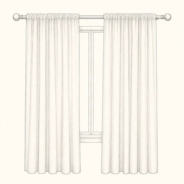 Illustrated sketch of a pair of floor-length curtains hung on a wraparound rod.