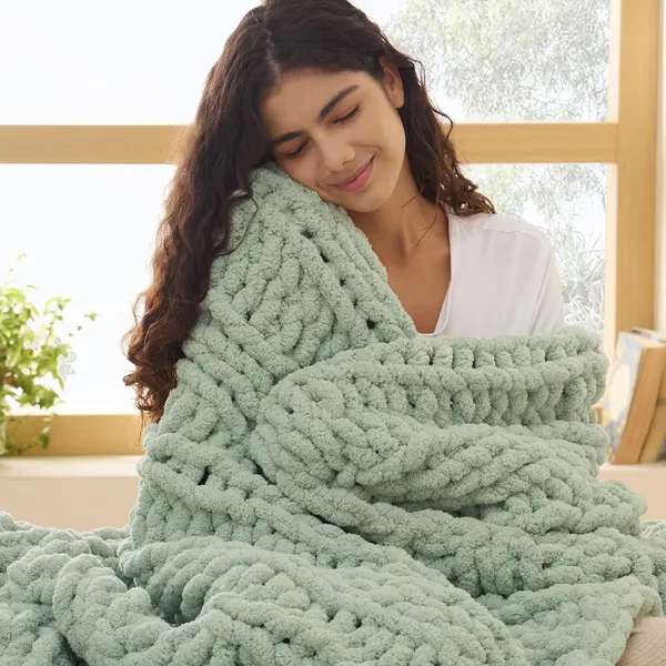 Bedsure Chunky Knit Chenille Throw in light sage green