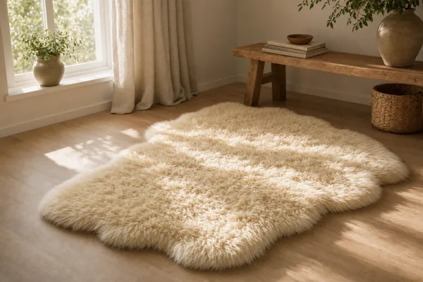 Fluffy faux sheepskin rug in cream