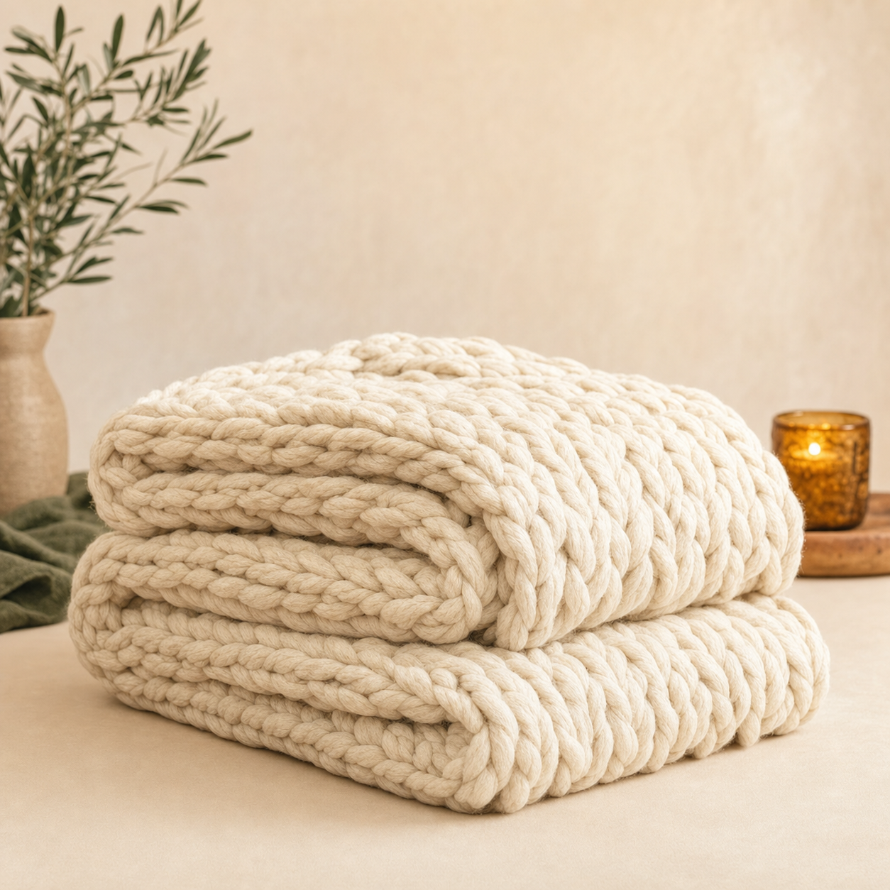 Chunky knit throw blanket in cream