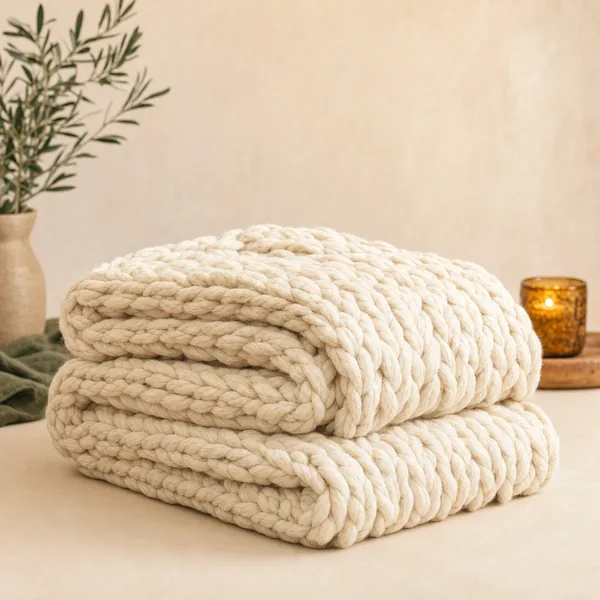 Chunky knit throw blanket in cream