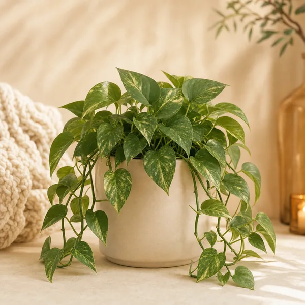 Trailing pothos plant in cream pot
