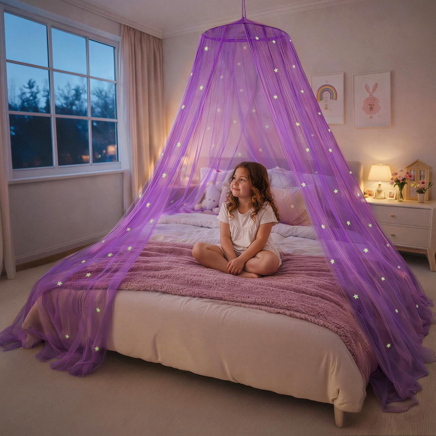 Purple Bed Canopy with Glowing Stars