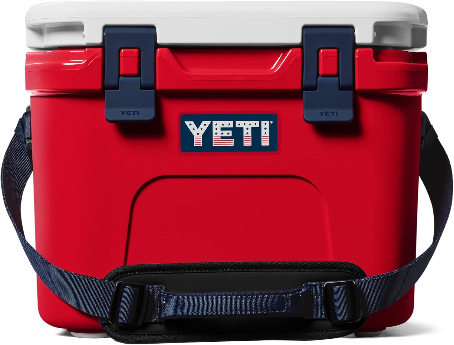 Red Yeti hard-sided cooler with shoulder strap.