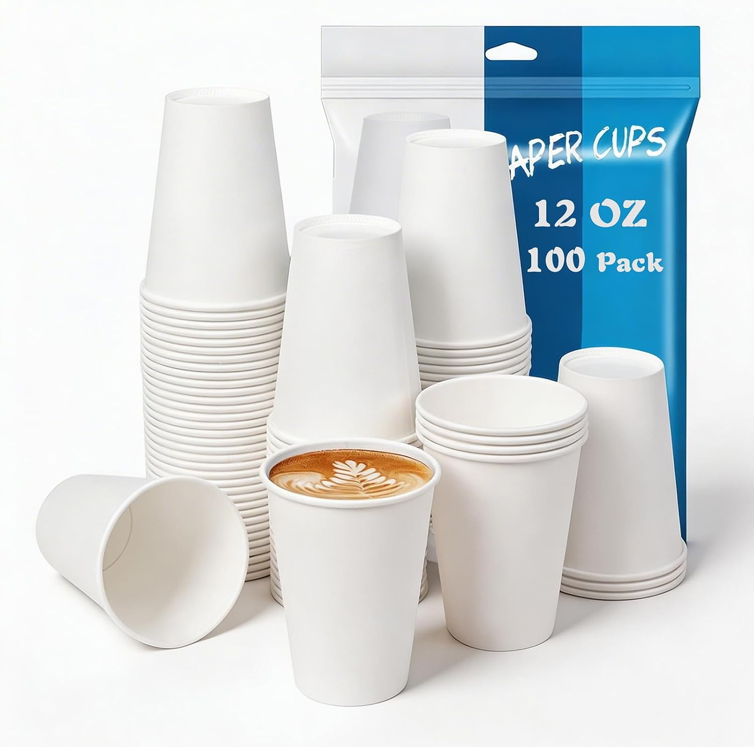 Stack of white 12 oz paper cups.