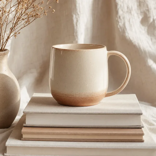 Cozy ceramic mug on a stack of books